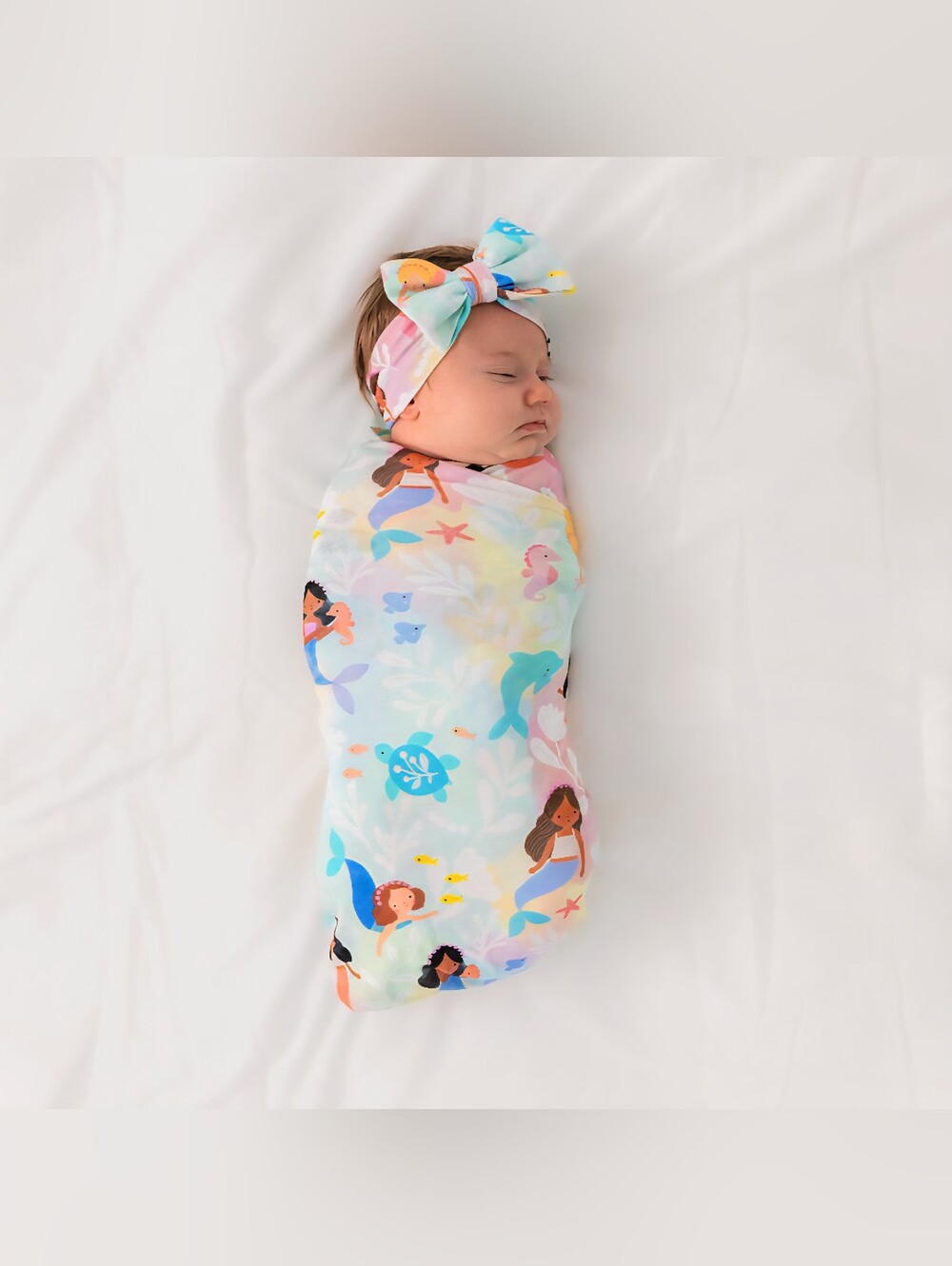 NIB Little Sleepies Mystic Mermaids Swaddle & Luxe Bow Headband Set- Bamboo